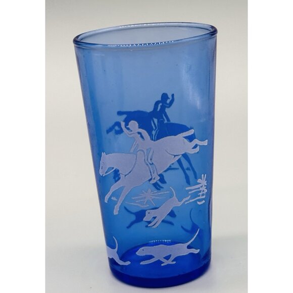 Hazel Atlas Tally Ho Cobalt Blue Juice Glass Fox Hunt 3.75 inch Lot of 3 - Picture 4 of 9